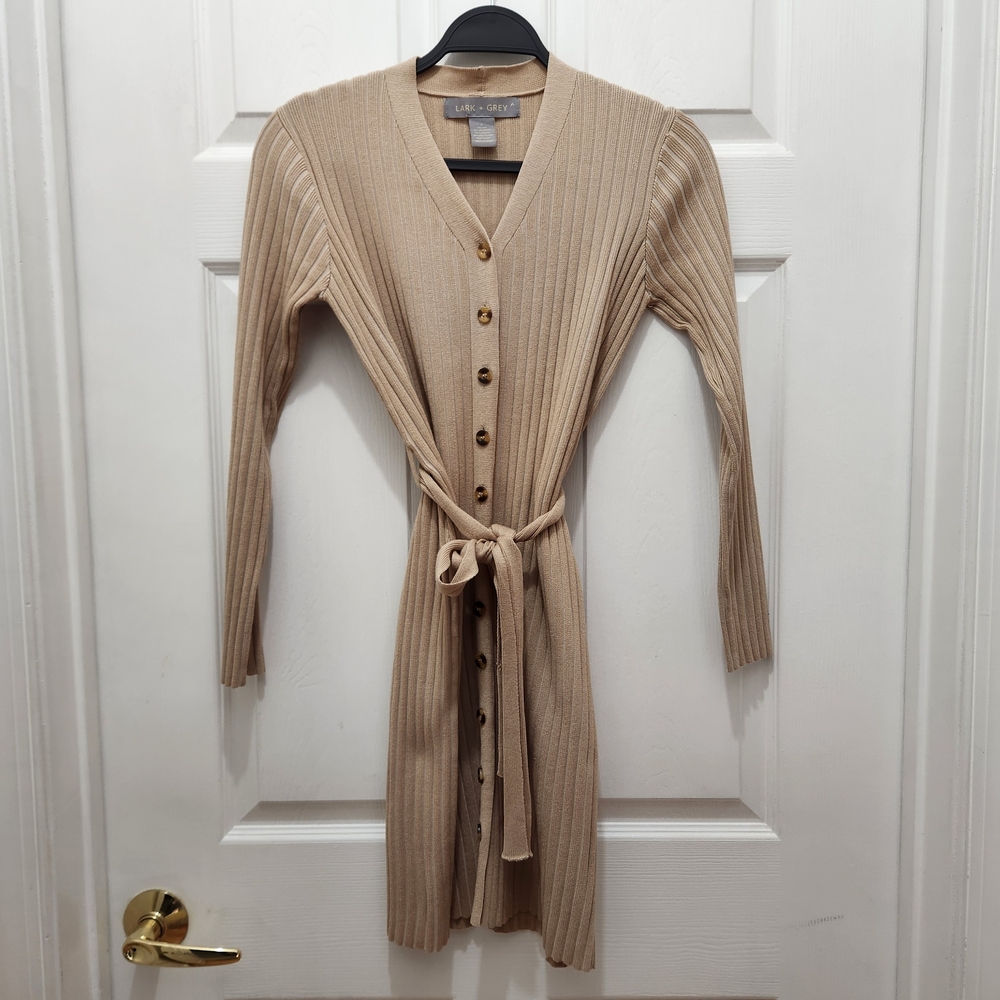 Lark + Grey Tan Ribbed Button-Up Cardigan Dress
